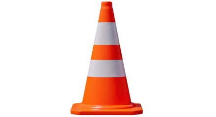 Isolated orange traffic cone with white stripes used for safety on roads and highways