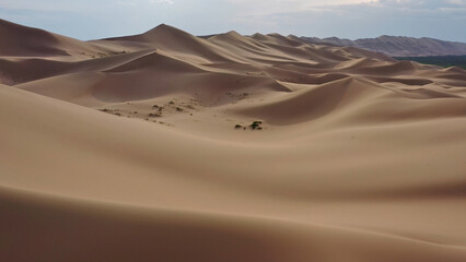 Aerial view of sand dunes in desert at sunset