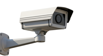 Isolated security camera mounted on metal bracket, digital surveillance recording device