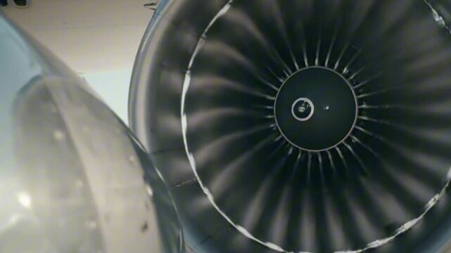 Detailed close-up of a powerful jet engine, highlighting the intricate fan blades and engineering for aviation and transport, modern and powerful aircraft