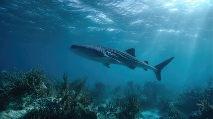 Fototapeta premium Majestic Whale Shark Gliding Through Clear Blue Ocean With Sunlight Streaming Down Beneath the Surface