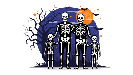 Spooky Family Illustration for Halloween: A skeletal family stands under a full moon. The scene is set with spooky trees and stars, embodying the spirit of Halloween.