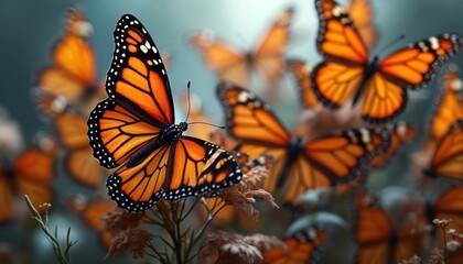 Captivating monarch butterflies cluster displaying intricate wing patterns creating hypnotic movement ethereal atmosphere. Orange butterflies swarm. Wildlife natural environment. Graceful animation