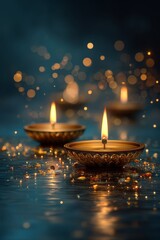 Decorative oil lamps with flickering flames on a reflective surface, surrounded by shimmering bokeh lights, creating a serene and festive atmosphere. Utpanna Ekadashi, Diwali