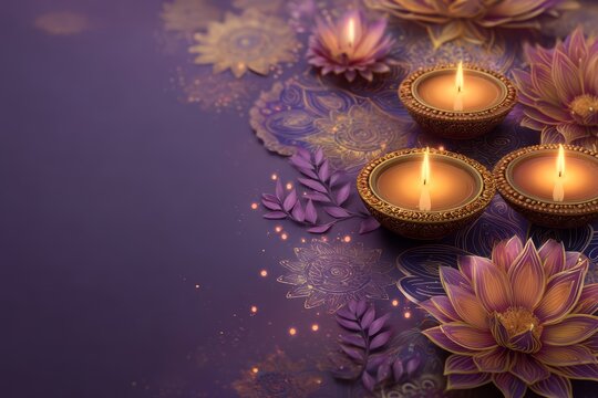 Decorative candles surrounded by vibrant lotus flowers on a rich purple background, creating a serene and tranquil atmosphere for relaxation and meditation. Utpanna Ekadashi, Diwali
