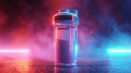 Transparent gym shaker filled with colorful BCAA amino acid powder drink, glowing neon background, cinematic sports advertising, horizontal composition