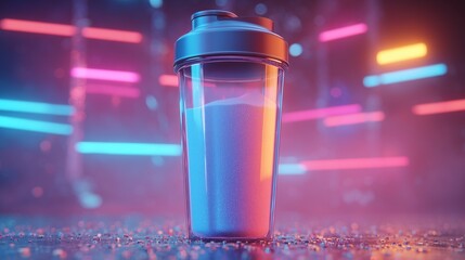 Transparent gym shaker filled with colorful BCAA amino acid powder drink, glowing neon background, cinematic sports advertising, horizontal composition
