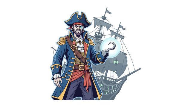 Pirate Captain and Ship: An illustrated depiction of a stern pirate captain, hand on hip, with a ship, set sail in the background, ready for adventure.