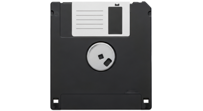 Isolated Retro 3.5 inch Floppy Disk magnetic media with a writable label for nostalgia