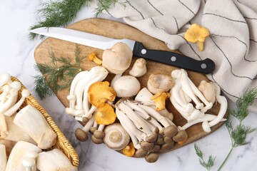 Different raw mushrooms, knife and dill on light marble table, flat lay