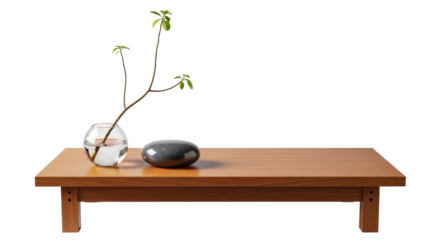 Isolated Zen decoration on brown wooden table against clean backdrop for product placement