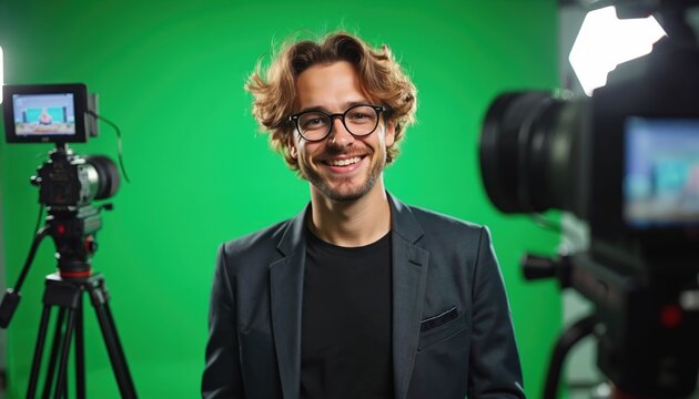 Young content creator smiles in professional video studio with green screen. Man filming video blog online course using modern camera, lighting equipment, broadcasting in cyberspace. Smiling man in