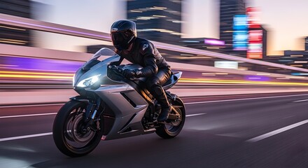 Fototapeta premium Motorcycle on the move through city streets with lights reflecting, showcasing motion and speed