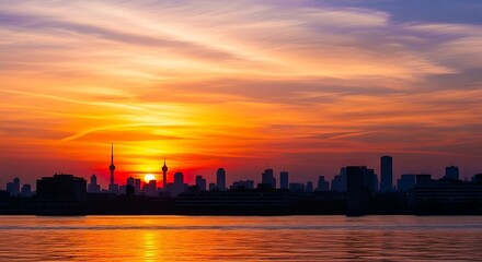 Obraz premium Vibrant Sunset Over City Skyline Reflected in Water.
