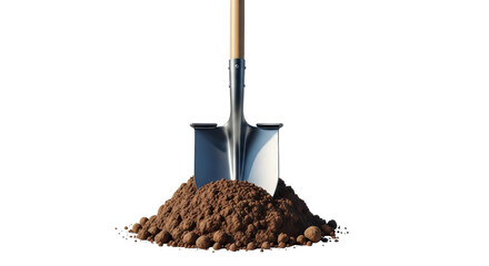 Isolated shovel in pile of soil dirt ready for digging in the garden, landscaping tool