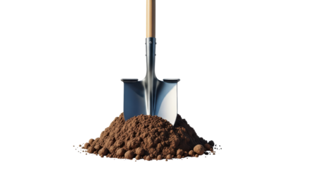 Isolated shovel in pile of soil dirt ready for digging in the garden, landscaping tool