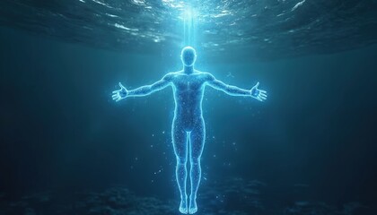 Abstract glowing human form underwater with open arms. Digital silhouette figure surrounded by light rays, particles in deep ocean. Concept of energy, connection, life, health, future, design.