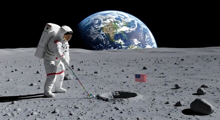Tranquility Base Fairway An Astronaut Tees Off on the Moon with Earth in the Distance