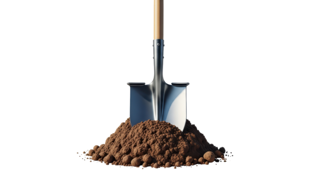Isolated shovel in pile of soil dirt ready for digging in the garden, landscaping tool