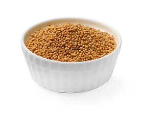 Dry mustard seeds in bowl isolated on white