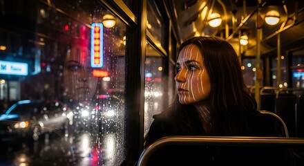 Fototapeta premium Woman on Night Bus Looking Out at Rain.