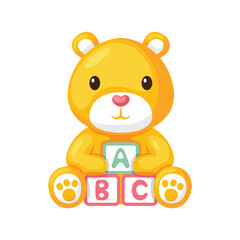 Cute cartoon teddy bear holding alphabet blocks