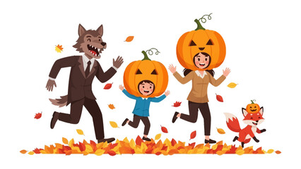 Halloween Family Fun: Festive family frolics through a bed of autumnal leaves, with the dad costumed as a wolf, the mom and child sporting pumpkin heads.