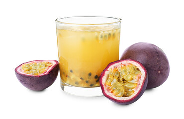 Tasty passion fruit drink and fresh fruits isolated on white