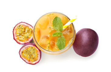 Tasty passion fruit drink with mint and fresh fruits isolated on white, top view