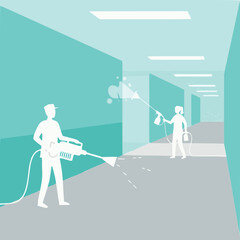 Two people in hazmat suits cleaning a hallway with pressure washers and disinfectants