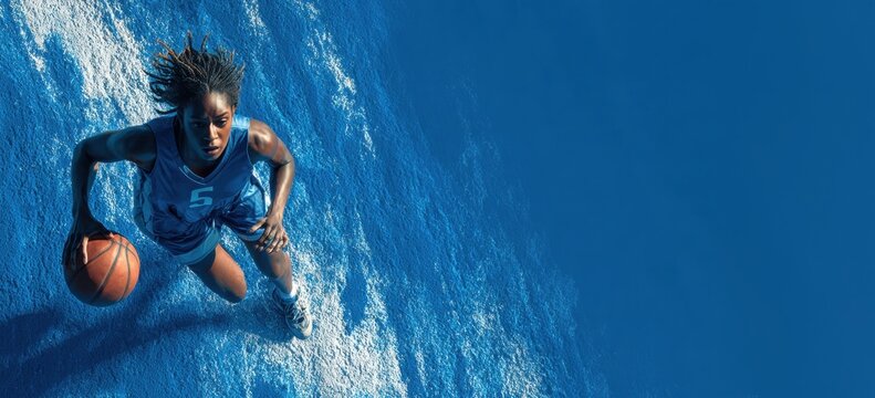 Female basketball player dribbling with dynamic motion on blue background