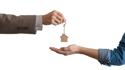 Homeowner receiving keys from agent, new beginnings concept