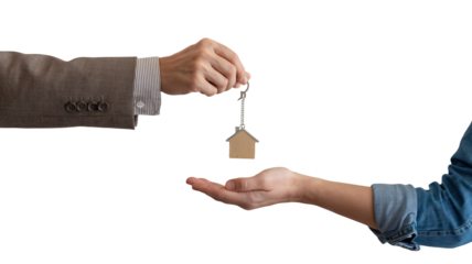 Homeowner receiving keys from agent, new beginnings concept