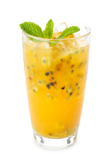 Tasty passion fruit drink with mint isolated on white