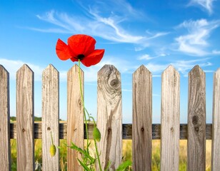 Single red poppy by a weathered wooden fence against a vibrant blue sky