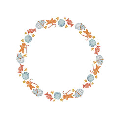 A digital watercolor illustration of a festive winter wreath with cool tones and elements like a snowman and blue baubles.