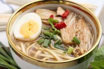 Tasty ramen with enoki and king oyster (eryngii) mushrooms on table, closeup