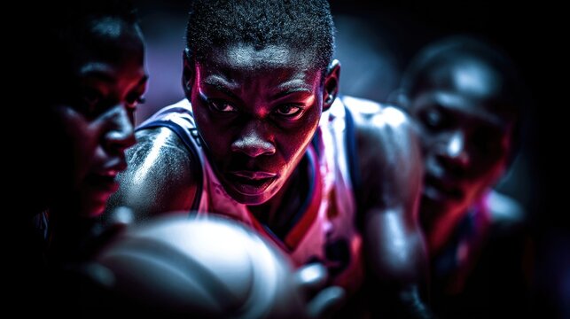 Intense focus during basketball game with dramatic lighting and shadows