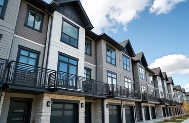 Fototapeta premium Upscale townhomes in Canadian neighborhood. Row of modern urban townhouses with garages. Residential area contemporary architecture, facade design, real estate investment opportunities. Homeownership