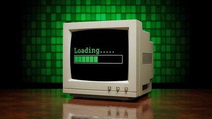 Retro computer monitor with green loading screen progress