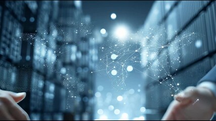 Modern Logistics Collaboration: A captivating visual that depicts two hands reaching towards a holographic projection of interconnected data points. - Powered by Adobe