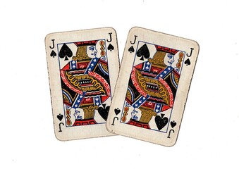 A pair of  identical vintage playing cards isolated on a white background.
