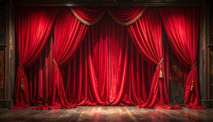 A classic theatrical stage is displayed featuring rich, crimson velvet curtains pulled open with gold rope, and wooden floor