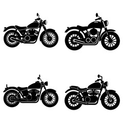 Four black motorcycle silhouettes displayed on a white background in a symmetrical arrangement style design