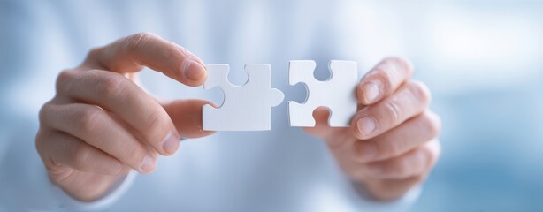 The Hands Connecting Two White Puzzle Pieces in a Bright Environment