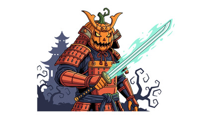 Pumpkin Samurai: A spectral samurai, bearing a jack-o'-lantern mask and traditional armor, brandishes a gleaming katana amidst a stylized, digitally rendered scene.