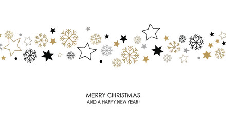 Elegant Christmas and New Year greeting card with festive gold, black, and silver snowflakes and stars border on a white background.