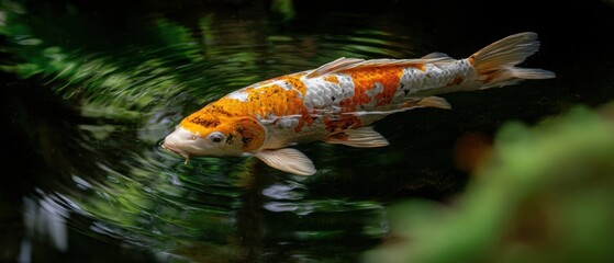 The koi fish gliding gracefully through a reflective garden pond with ripples