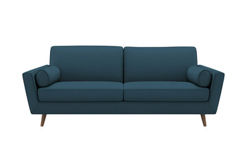 Modern blue sofa with cylindrical pillows isolated furniture design