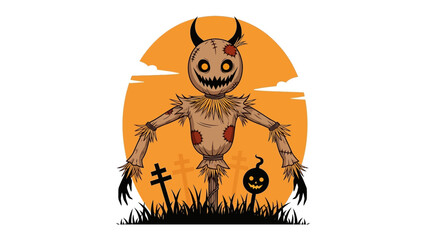 Creepy Scarecrow on Halloween: An eerie scarecrow stands against a foreboding orange backdrop, featuring unsettling details, crosses, and pumpkins.